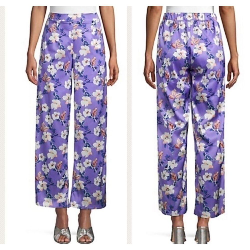 Lea & Viola Purple Floral Wide Leg Satin Pants Size Large NEW